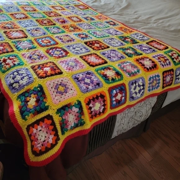 Vintage Granny Square Afghan Throw Blanket Rainbow Multi color Boho Handmade - Picture 8 of 14